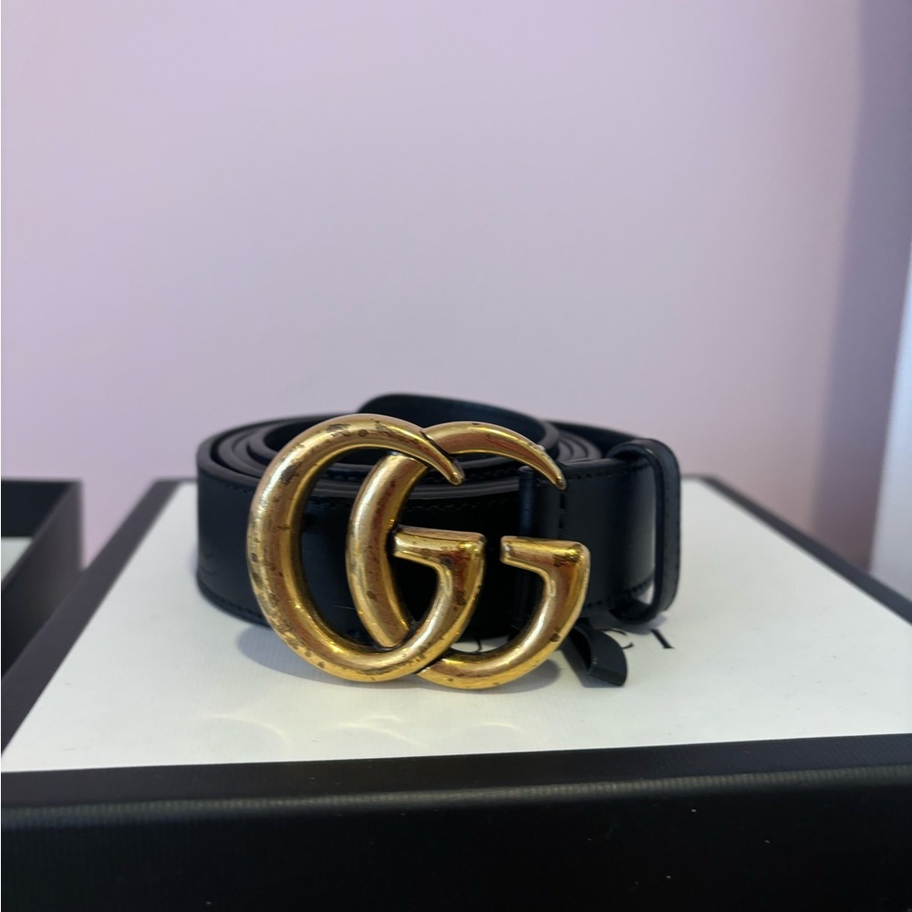 Gucci Black Leather Belt with Gold Buckle